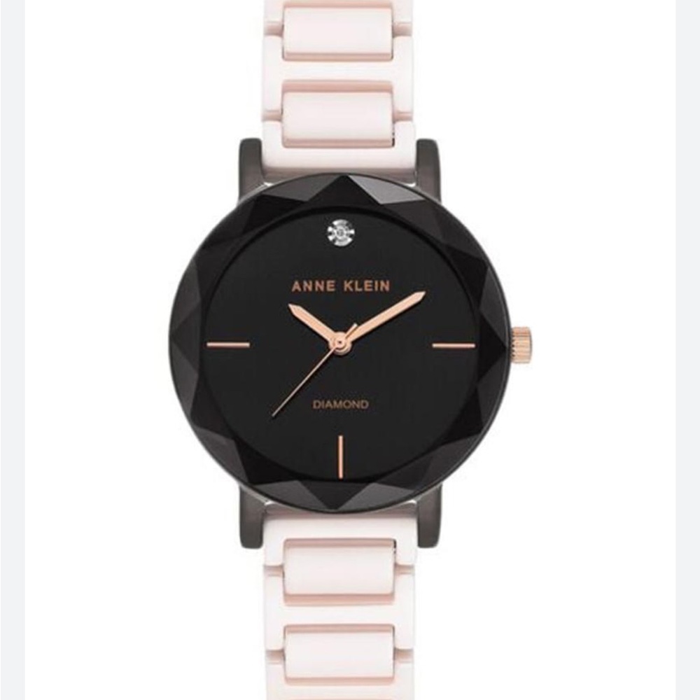 DIAMOND Set Dial Ladies🥂Champagne Blush Pink Ceramic Band Watch ANNE KLEIN